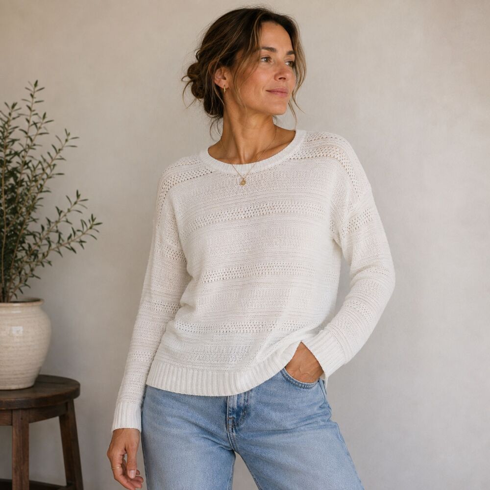 J. Jill Sweater Womens Medium White Open Knit Striped Cotton Crewneck Pullover
